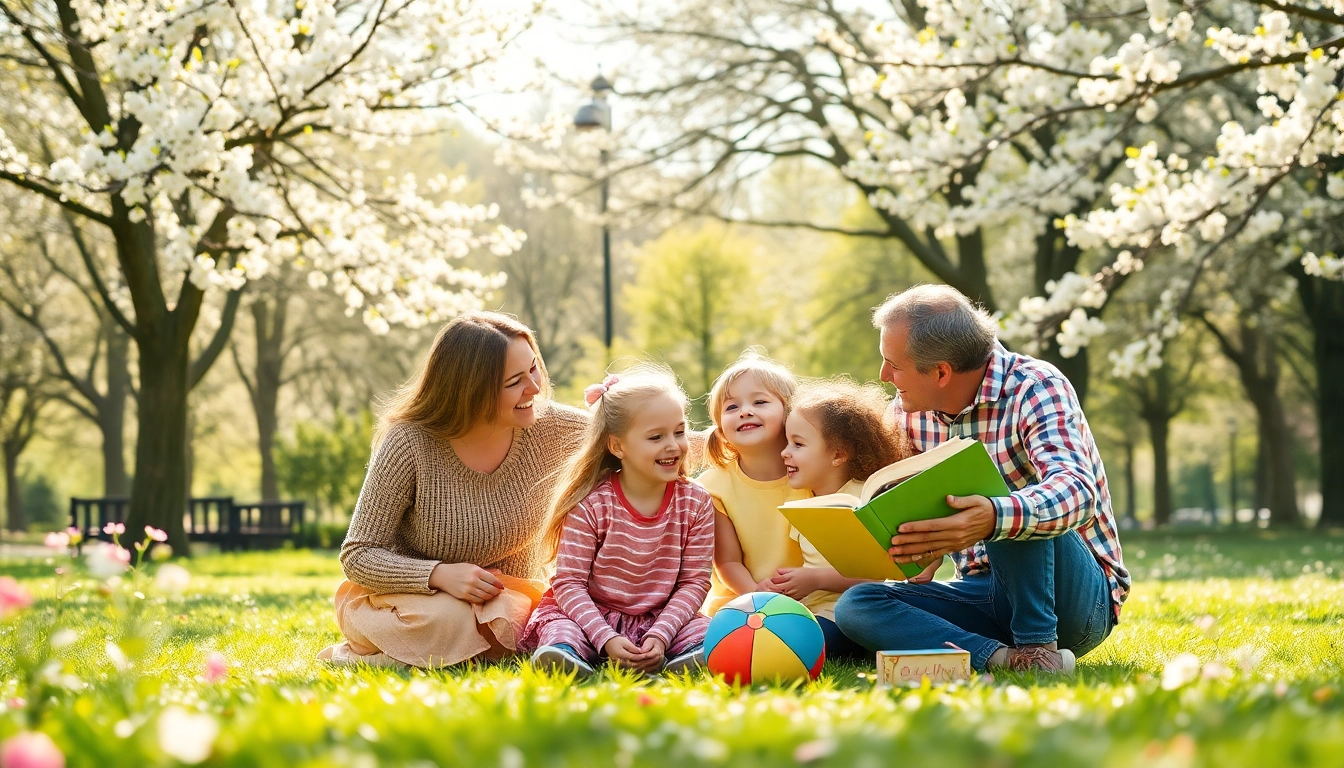 Kindererziehung: Eine Familie spielt glücklich im Park, was die Freude an der Erziehung verbindet.