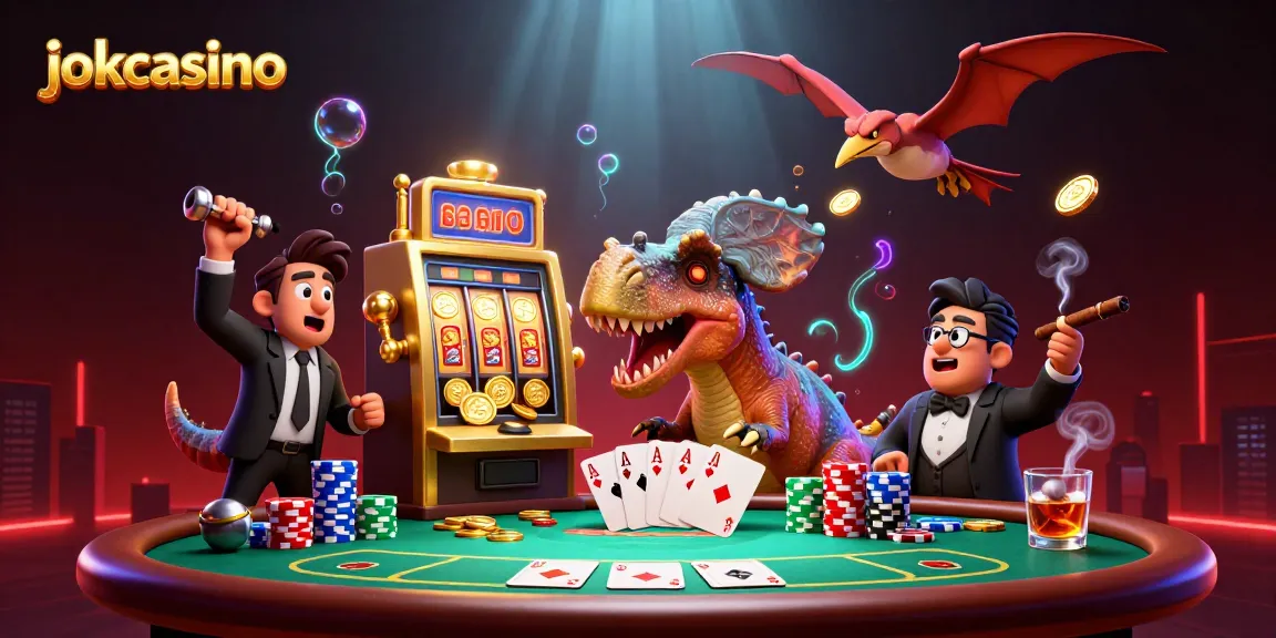 jokacasino showcases a vibrant scene with cartoon dinosaurs paying out coins from slots.