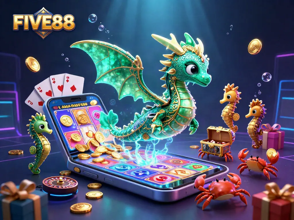 Join the adventure with FIVE88, as the sea dragon leads a treasure hunt amidst animated casino games.