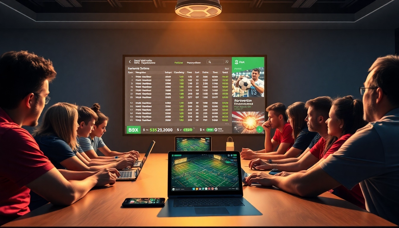 Sportwetten-Plattform mit Fans, die aktuelle Wettquoten auf Laptops und Smartphones verfolgen.