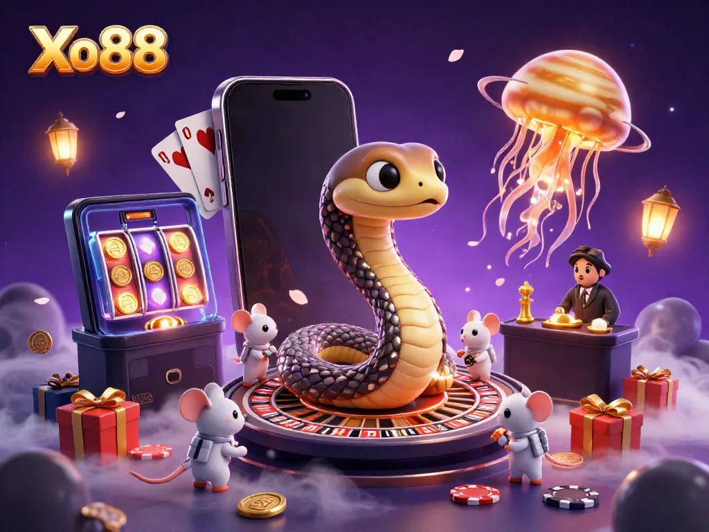 Xo88's vibrant casino scene with snake roulette, astronaut mice betting, and a jellyfish dealer.