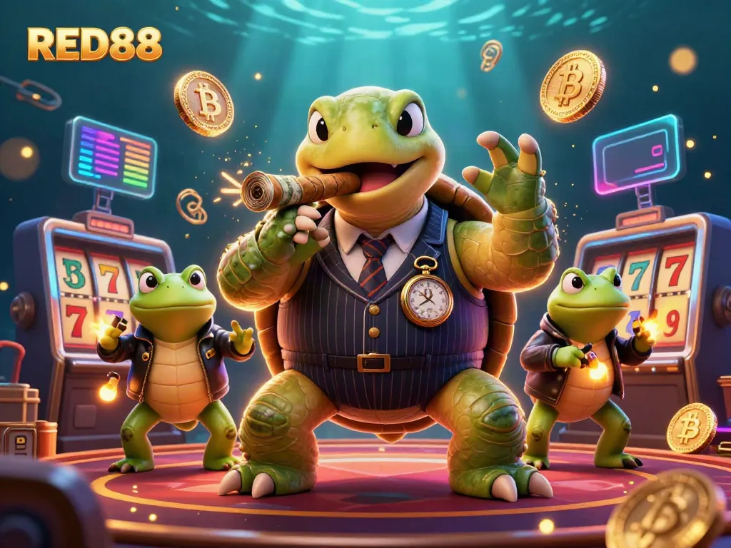 Engage with RED88 through a vibrant 3D casino scene featuring a turtle mobster and bullfrog enforcers.