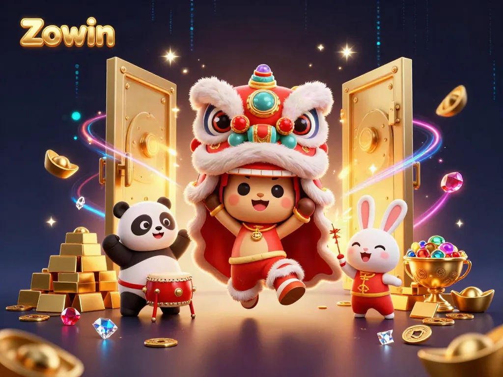 Zowin casino offers thrilling gameplay with lively characters celebrating the New Year surrounded by treasures.