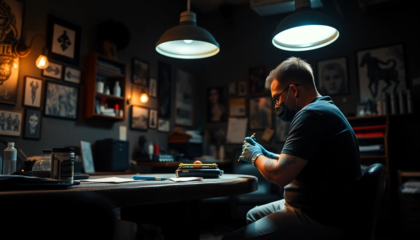 Tattoo Studio München, ein kreatives Ambiente mit verschiedenen Tattoos und Künstlern die arbeiten.