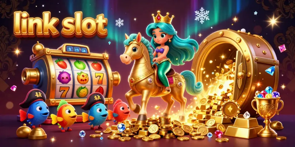 Experience big wins at link slot with this vibrant casino scene showcasing a mermaid princess and gold treasures.
