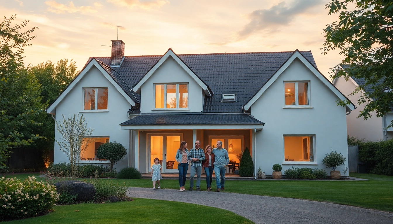 Familie steht stolz vor ihrem neuen Haus, ideal für den Hauskauf. Modernes Einfamilienhaus in grüner Umgebung.