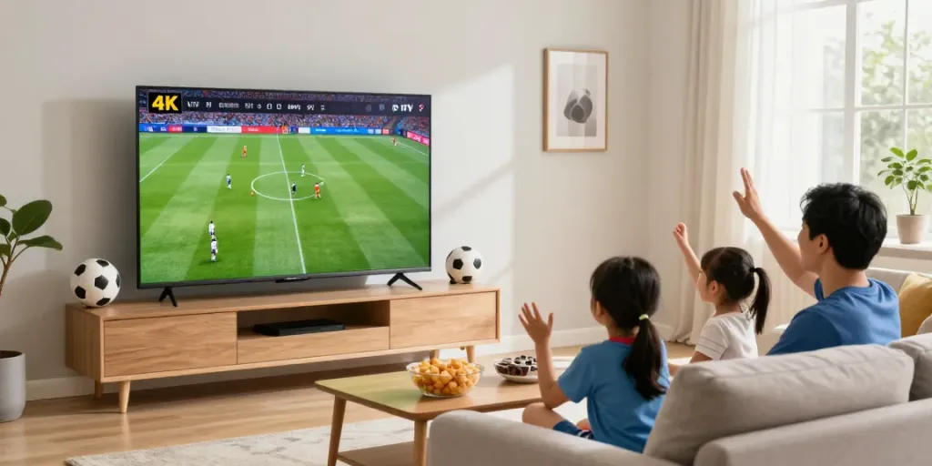 Family enjoying live IPTV streaming football deutch on a modern 4K TV.