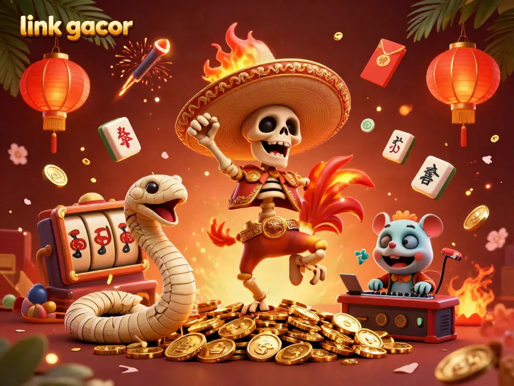 Engage with the vibrant scene of link gacor featuring lively characters celebrating amidst golden coins and floating gaming elements.