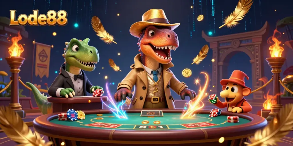 Experience the excitement of Lode88 with a whimsical casino scene featuring dinosaurs and vibrant game elements.