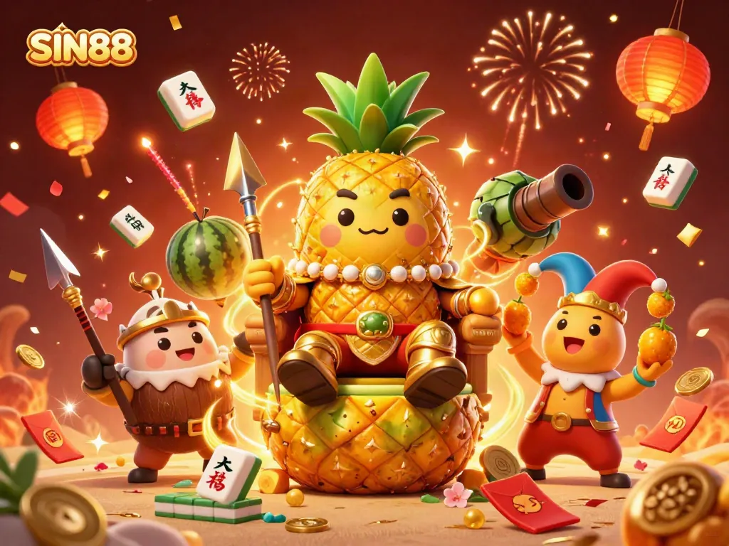 SIN88 Casino Adventure: A thrilling scene with a golden pineapple king and gaming elements amidst fireworks and celebration.