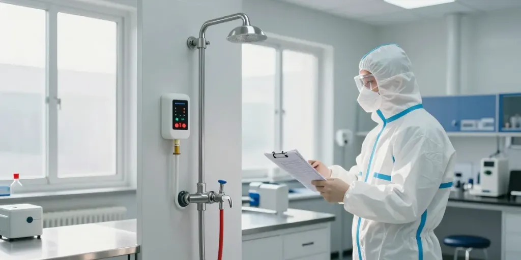 Körpernotdusche für Gewerbe installation being inspected by a safety technician in a modern laboratory environment.