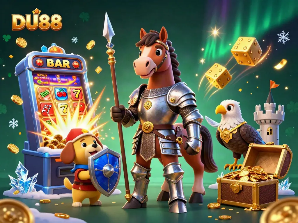 Experience the thrill of DU88 with a medieval knight and vibrant casino elements in action.