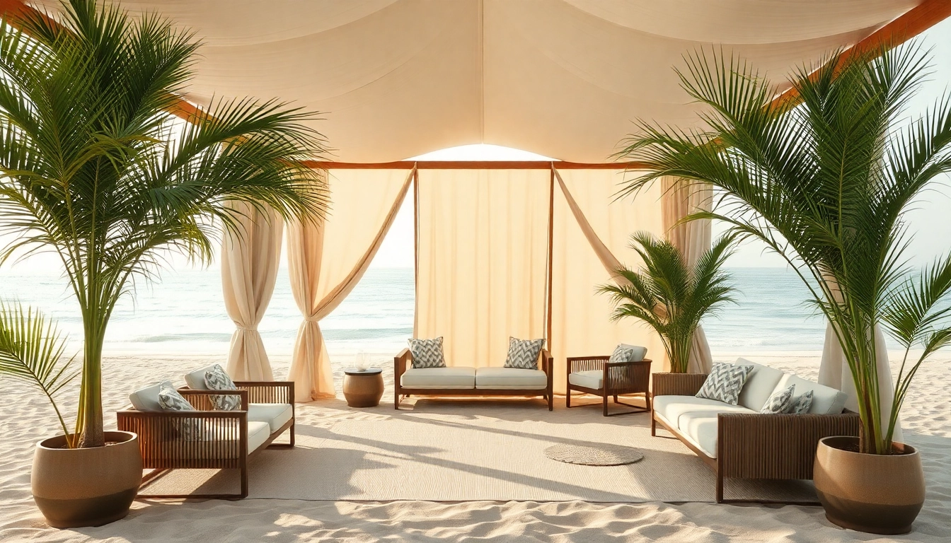 Entspannen Sie sich in einem luxuriösen coastal cabana am Strand mit Meerblick und modernen Möbeln.