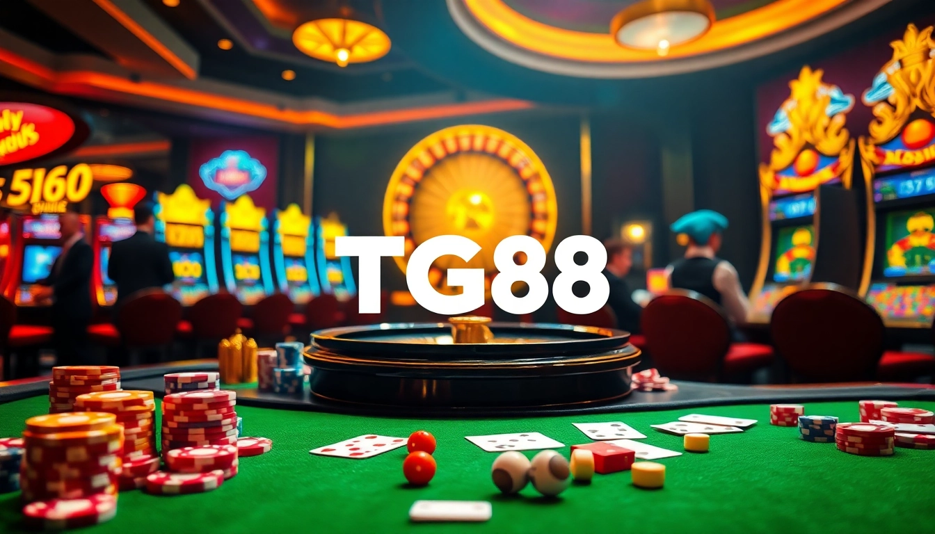 Experience the excitement of TG88 Casino with a vibrant scene showcasing tables, cards, and slot machines.