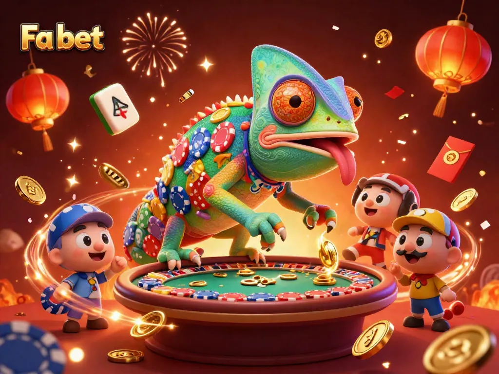 Spin to win at Fa bet with a vibrant casino scene featuring a chameleon owner collecting coins.