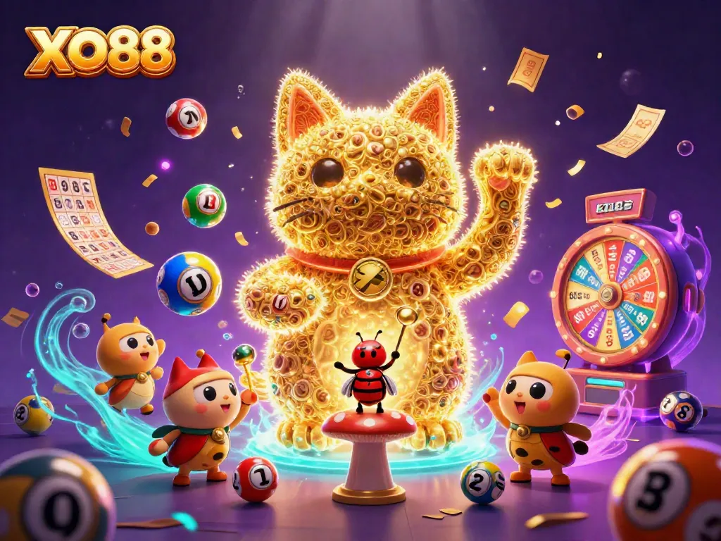 Engage with XO88's vibrant casino experience featuring a colorful lucky cat and dynamic game elements.
