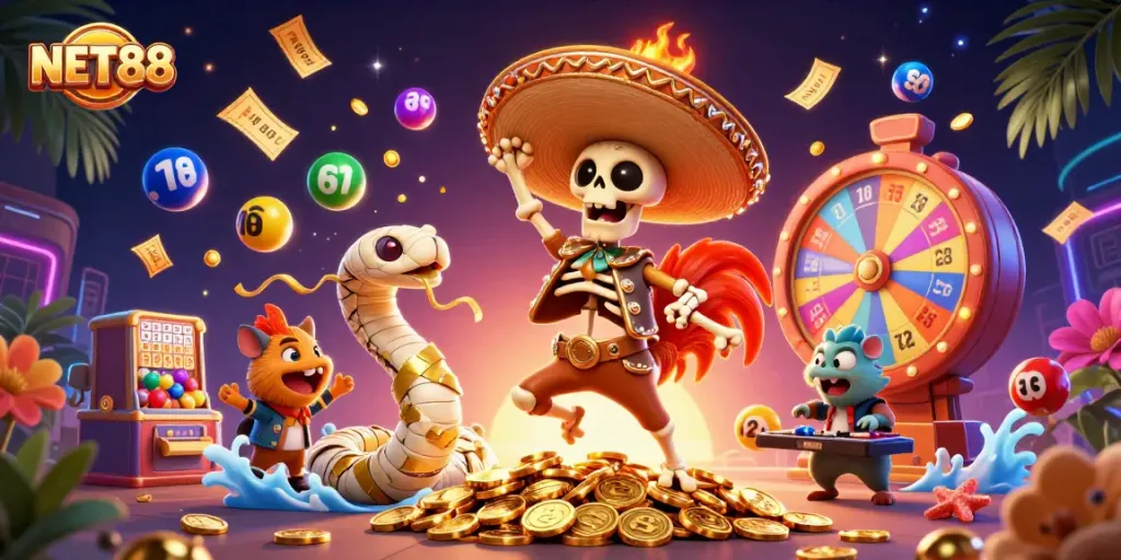 NET88 showcases a victory dance scene with vibrant 3D casino characters and rich gaming elements.