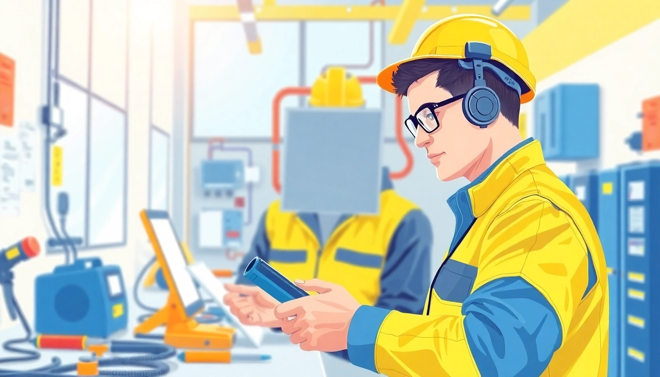 Electrician performing a DGUV V3 Prüfung, ensuring workplace safety with professional tools and equipment.