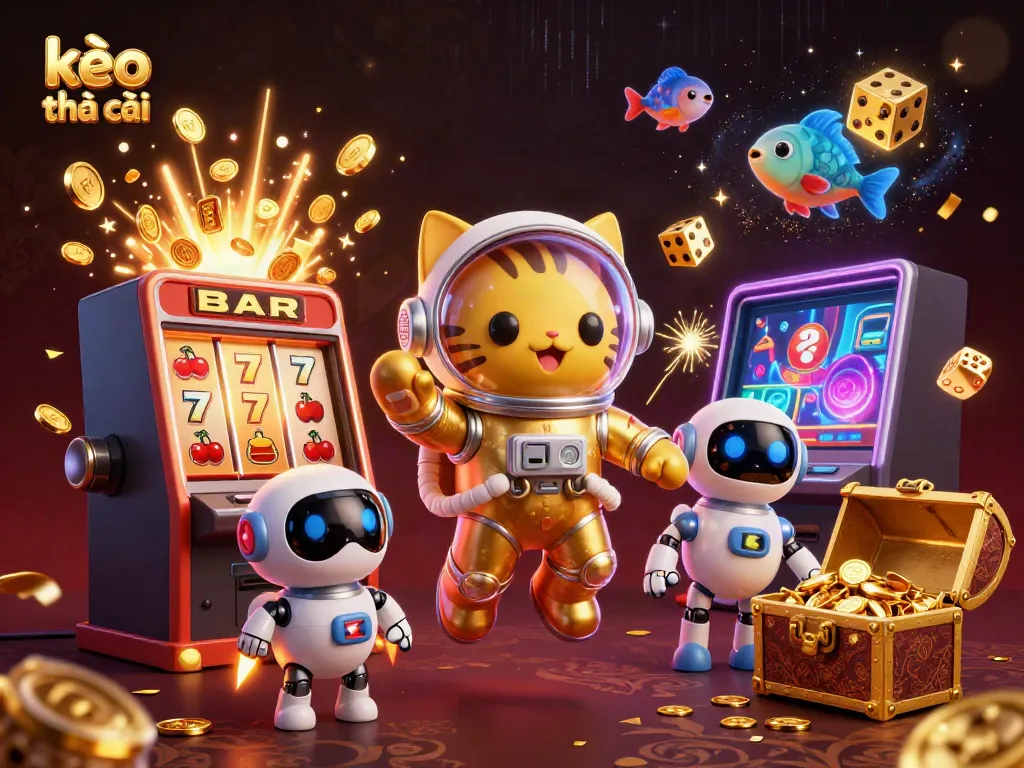 Experience kèo nhà cái excitement with this vibrant 3D illustration depicting a playful cat astronaut and robot dog amidst a dynamic casino scene.