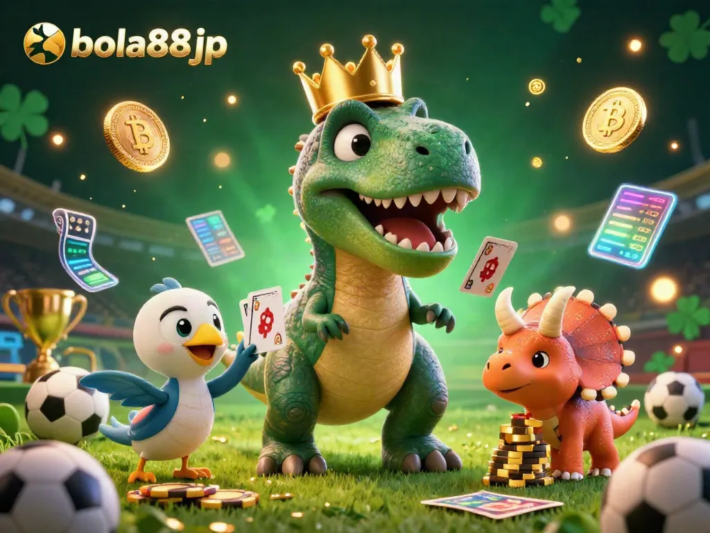 Experience sports betting excitement with bola88jp featuring T-Rex and friends in a vibrant 3D scene.