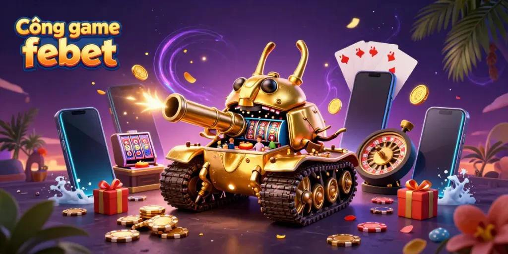 Experience excitement at Cổng game febet with a vibrant 3D illustration of a casino tank and slot games.
