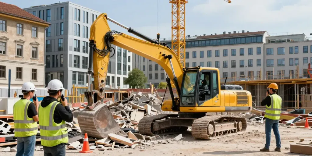 Professioneller Abbruch Wien auf Baustelle mit Bagger und Arbeiter in Sicherheitskleidung