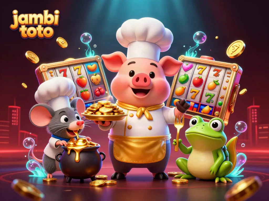 Engage with jambi toto's spectacular gaming experience featuring a chef pig serving gold coins with vibrant slot symbols.