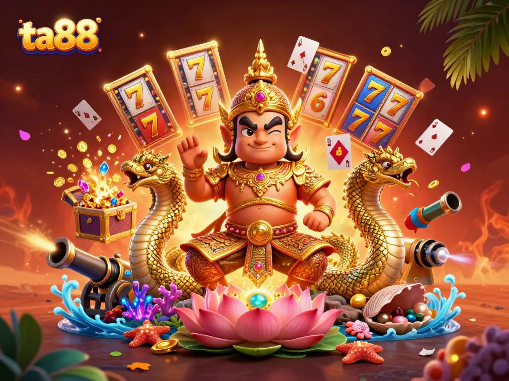Experience the excitement of ta88 with vibrant slot reels and friendly guardian characters in a dynamic casino scene.