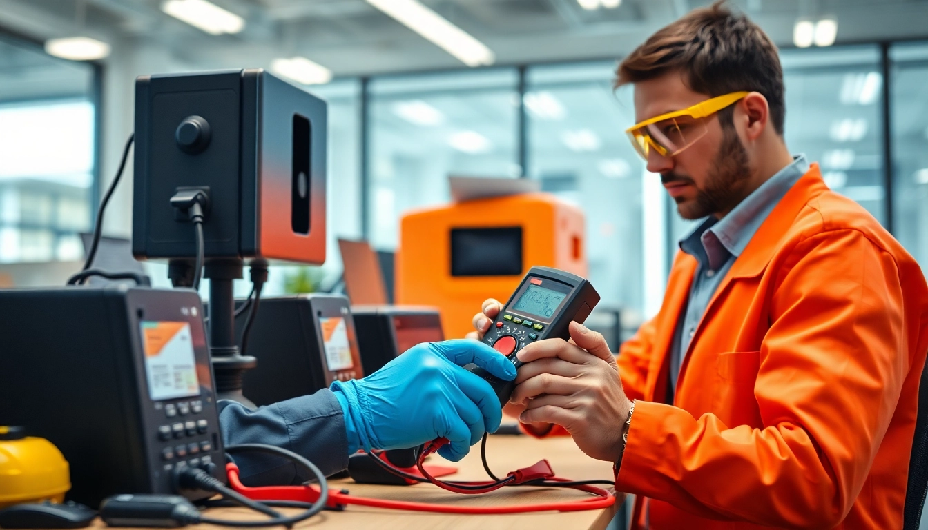 Technician performing an electrical safety check on devices with precision.