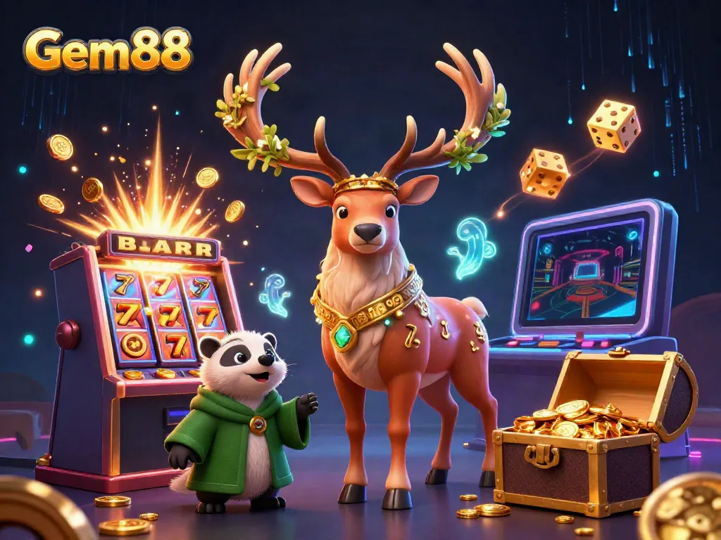 Experience the excitement at Gem88 with a vibrant casino scene featuring a druid stag and engaging gaming elements.