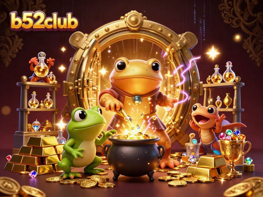 b52club players collect rewards in a magical scene filled with golden coins and sparkling gems