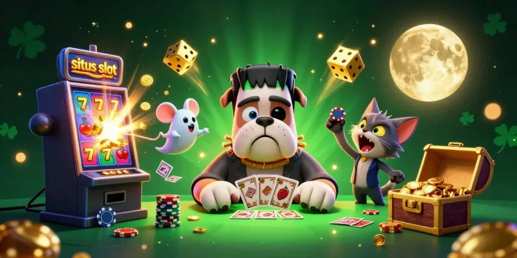 Engage in exciting gaming at situs slot with dynamic 3D illustrations of a Frankenstein bulldog, ghost mouse, and werewolf kitten.