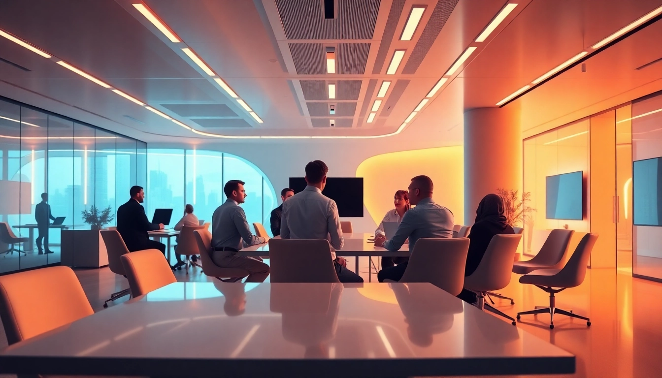 Unternehmensberatung: Professionals discussing strategies in a bright, modern office setting.