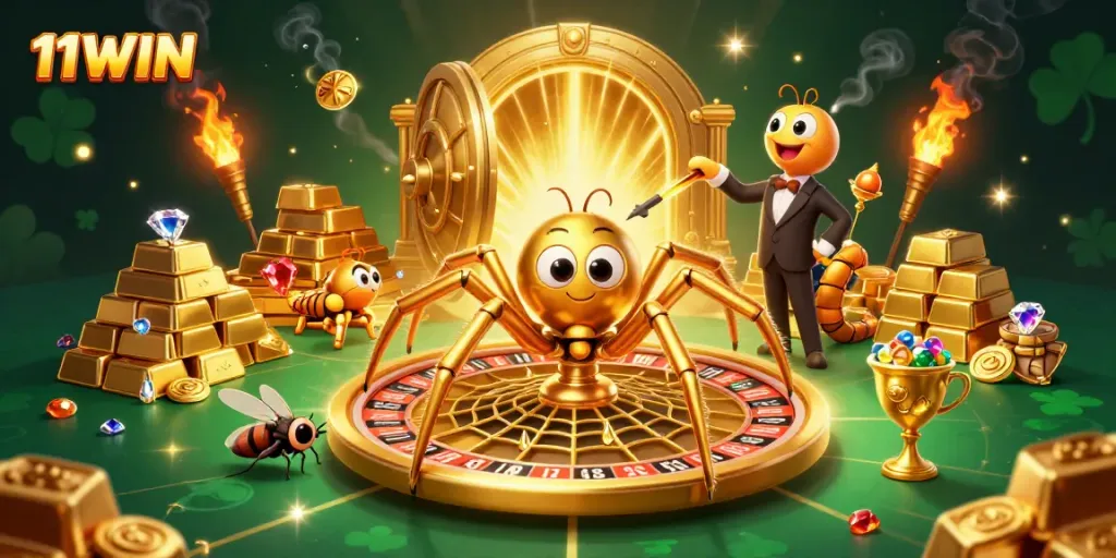 Experience the excitement of 11WIN with a fly nervously betting at a roulette wheel web illustration.
