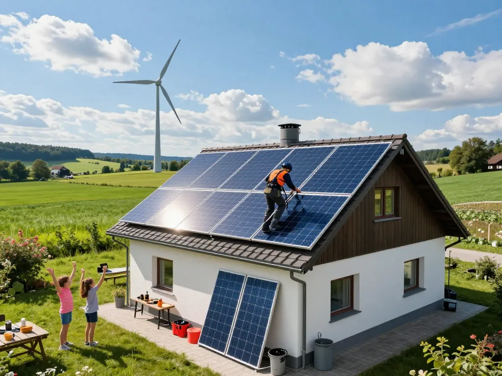 Photovoltaik Bayern Installation, die Solarpanels auf einem Wohnhausdach in einer grünen bayerischen Landschaft zeigt.