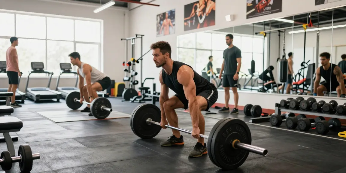 Muskulöser Athlet hebt Gewichte in einer lebhaften Fitnessumgebung bei Steroidshop.