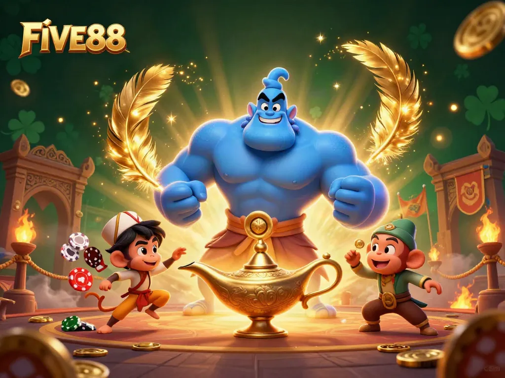 Experience the thrill of gambling with FIVE88 as a genie bursts forth, surrounded by magical elements.