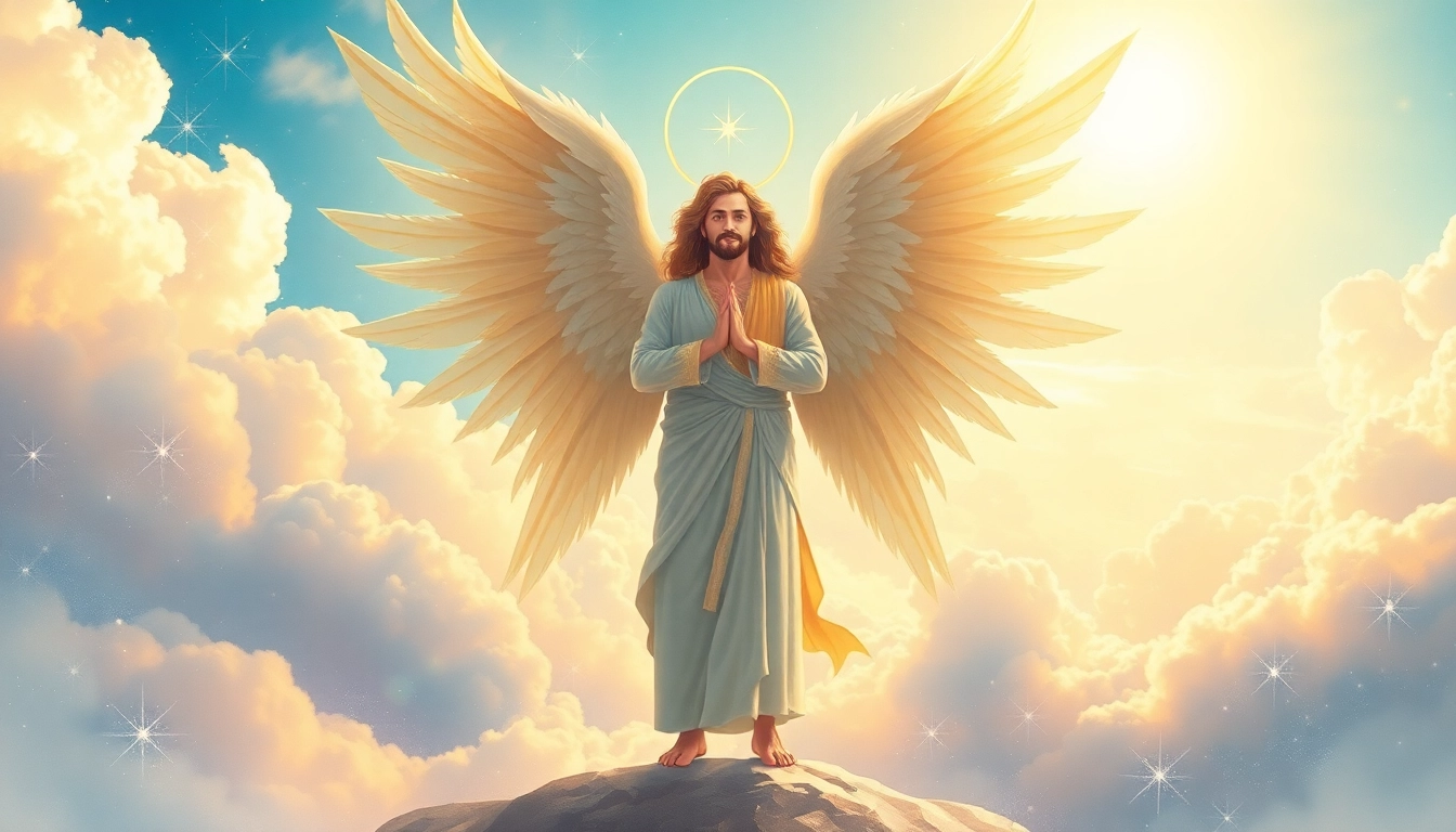 Erzengel Uriel steht majestätisch im Licht, umgeben von strahlenden Wolken und Sternen.