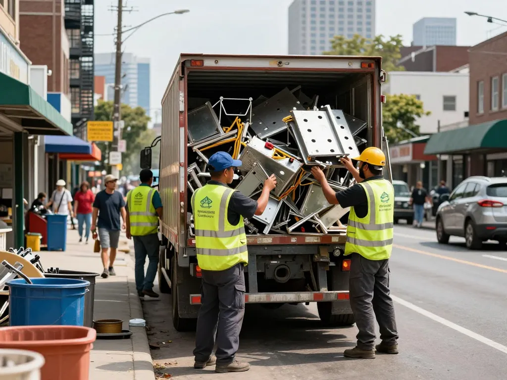 Effizienter Schrottabholung-Service in Aktion, Schrottsammler lädt metallische Abfälle auf.