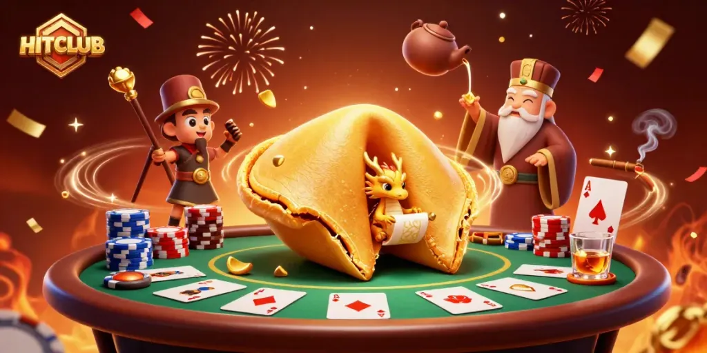 Experience the excitement of HITCLUB as players engage with a dynamic casino scene featuring fortune cookies and poker.