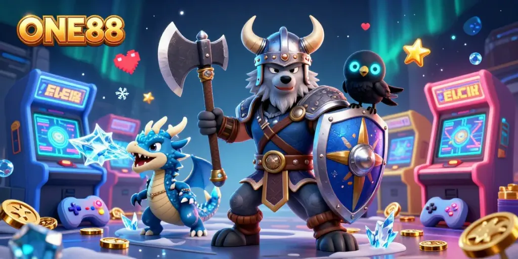 Experience the thrilling gaming action of ONE88 with this vibrant 3D illustration featuring fierce characters and casino elements.