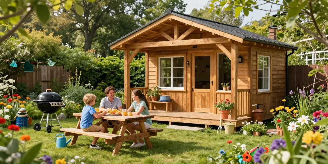 Ein Gartenhaus Holz in einem blühenden Garten, das einladend wirkt und eine entspannte Familienzeit zeigt.