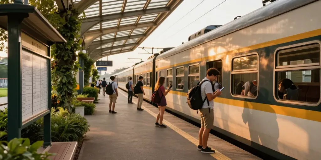 Zugticket buchen am modernen Bahnhof mit Reisenden und goldener Stunde.