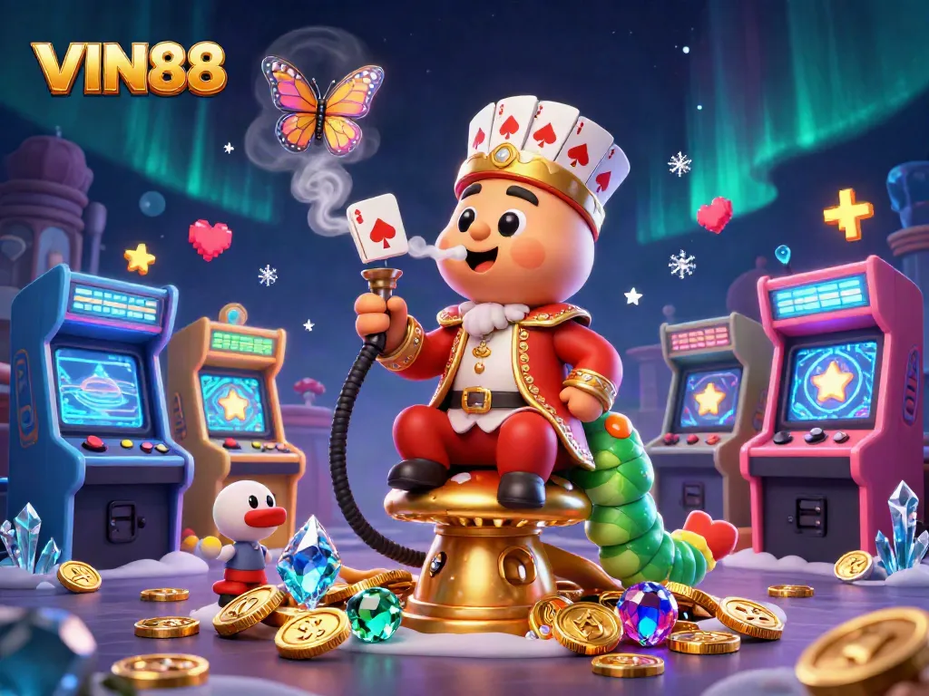 Engage in thrilling gaming adventures with VIN88's vibrant 3D casino illustration featuring unique characters.