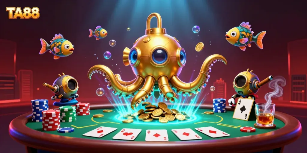 Engage with thrilling TA88 casino experience while exploring a lively underwater scene of poker riches.