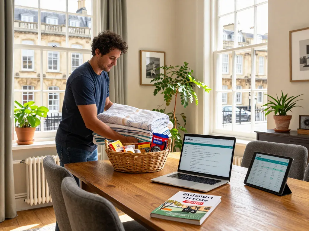 Airbnb management in Bath scene with a host preparing a cozy apartment for guests, showcasing welcoming atmosphere and local charm.