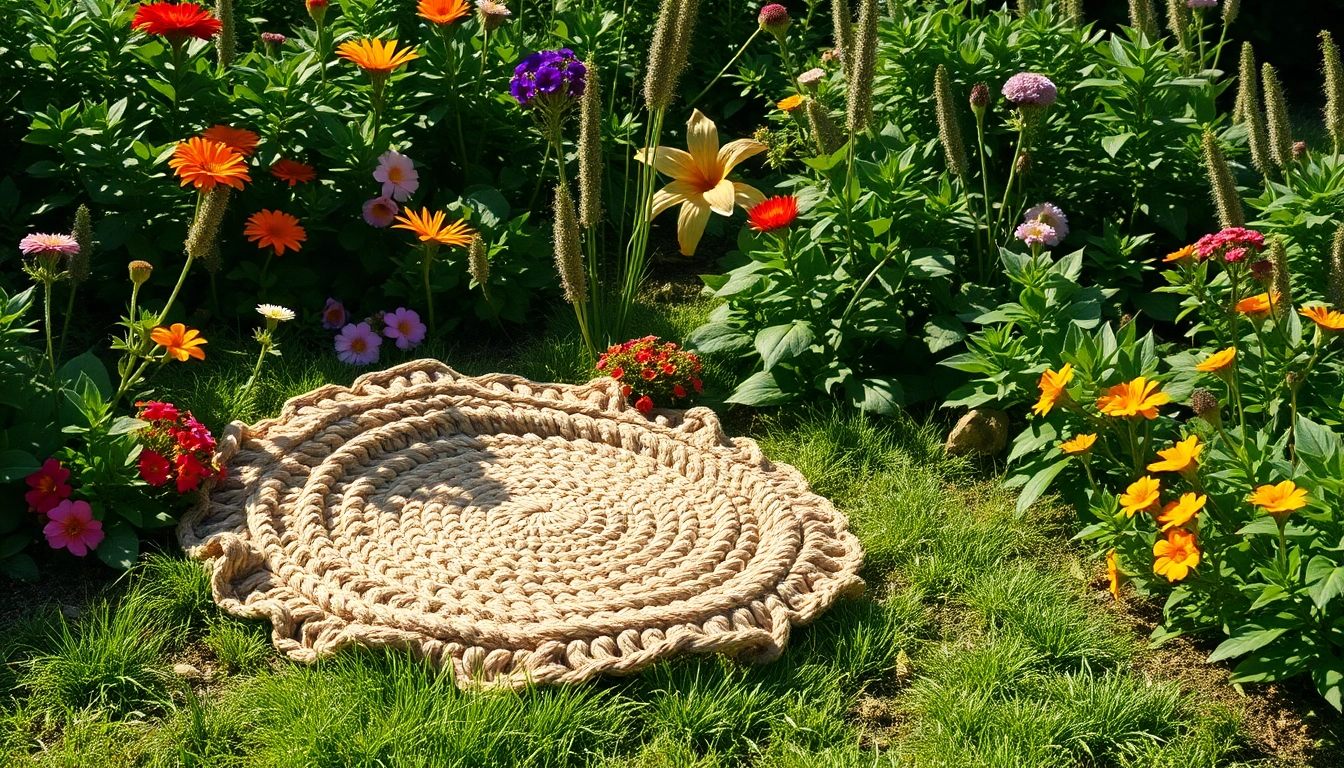 Hanfmatte in einem sonnigen Garten, umgeben von bunten Blumen und Pflanzen.