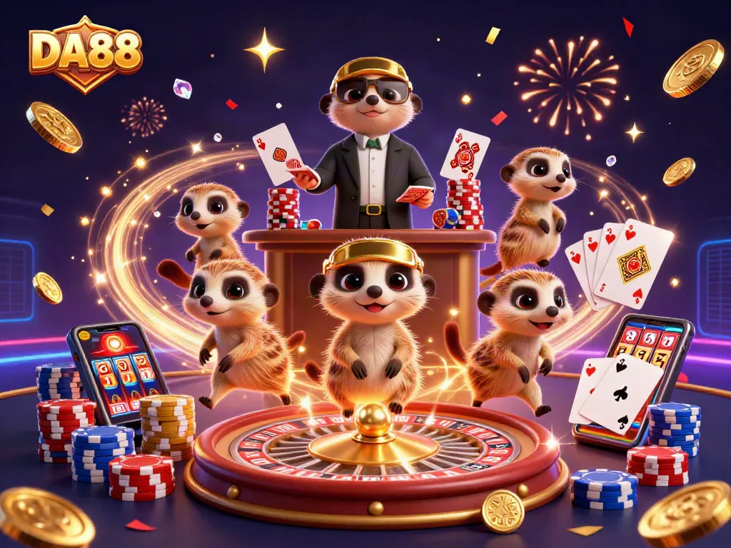 Engage with DA88's thrilling gaming atmosphere as meerkats run a vibrant casino alongside sparkling gems and coins.
