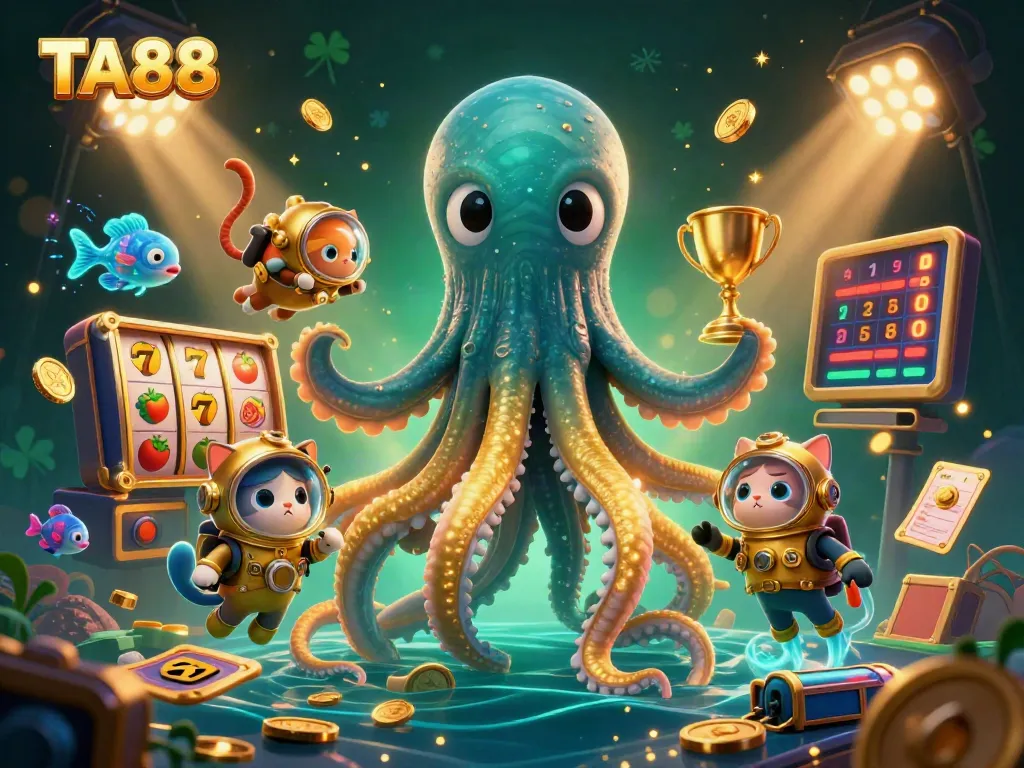 Experience the excitement of TA88 casino with a dynamic illustration of gaming treasures and characters.