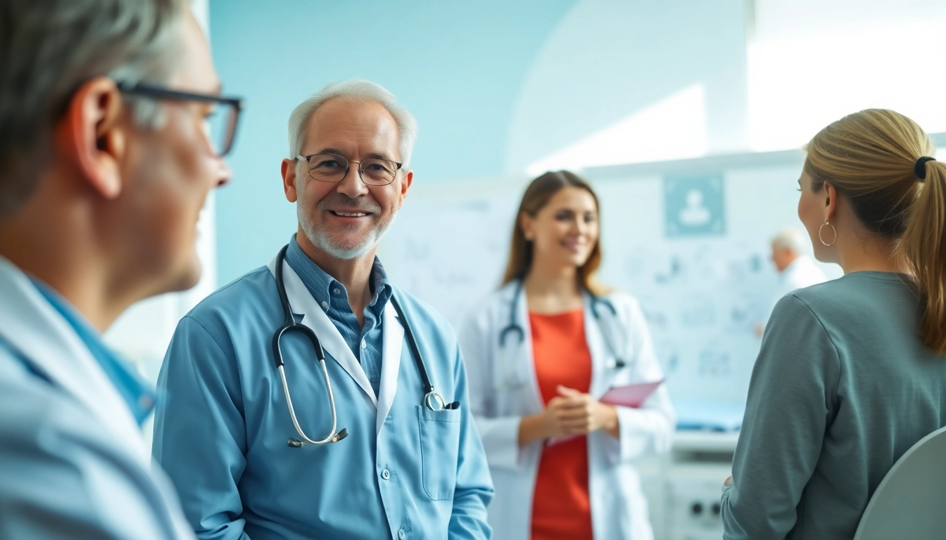 deus medical Beratungssituation mit Arzt und Patient in heller Klinik.